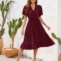 GMXIA V-Neck High Waist Tie Dress Hairball Short Sleeve Dress Casual Holiday Travel Dresses S purpurinė