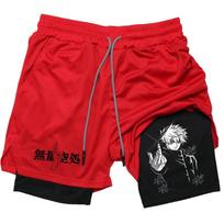 2024 Sports Tights Men Anime Compression Shorts Summer Sportswear Men GYM 2 In 1 Training Workout Male Fitness Sport Shorts M raudona