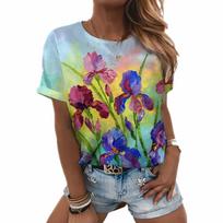 Summer Round Neck 3D Floral Print Top Fashionable Casual Short Sleeved Women's T-shirts S