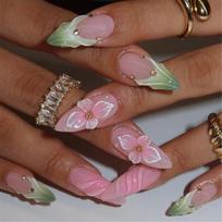 Fashion Press on Nail Almond Stick on Nail With French 3D Floral Designs Nail Accesories Artificial Nail Office Wear