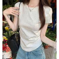 French summer simple casual versatile dopamine top pleated white sweet girl lazy feeling women's short-sleeved T-shirt S gray