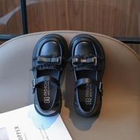 2024 New Children Girl Leather Shoes Black Uniform School Shoes Lace Pleated Hook & Loop Kid Soft Round-toe Princess Mary Janes 23 juoda