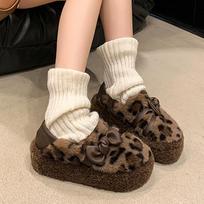 Women Fur Leopard Loafers Shoes Casual Flats Shoes Woman 2025 Trend Fashion Winter New Warm Dress Cozy Bow Snow Boots Zapatillas 35 leopardo rašto spalva