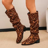 Women Suede Leopard High Boots Mid Heels Knee High Shoes Woman 2025 Trend Winter Fashion Goth Snow Retro Motorcycle Boots Mujer 35 leopardo rašto spalva