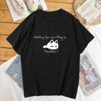 Waiting for Something To Happen Omori Cat Print Women T-shirt Shirt Harajuku Short Sleeve O-neck T-shirt Tee Tops Clothing M smėlis