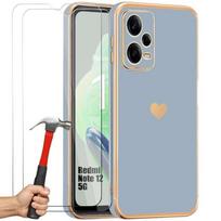 Case for Xiaomi Redmi Note 12 5G - Shockproof - Blue Silicone - Heart Pattern - 2 Tempered Glasses - Ultra Thin