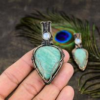 Amazonite, Moonstone Copper Wire Wrap Jewelry Pendant 2.64  w3F43