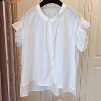 Vintage Blouse for Women Cotton Casual Shirts Ruffles Short Sleeve Blouses Ladies Tops Loose Summer XS chaki