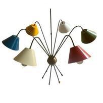 Mid Century Modern Sputnik 6 Light Chandelier Brass Ceiling Light Multicolor Shades
