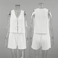 Casual White Bubble Crepe Women's Loose Shorts Set V Neck Sleeveless Lace Up Vest Suit 2025 New Summer Lady High Streetwear S balta