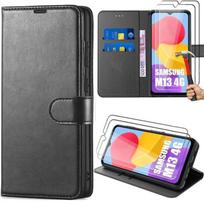 Case for Samsung Galaxy M13 Full Body Anti-Scratch Synthetic Leather Black - BOOLING - 2 Tempered Glasses juoda