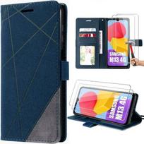 Case for Samsung Galaxy M13 + 2 Tempered Glasses - Navy Blue Synthetic Leather