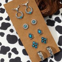 Vintažiniai turkio spalvos jaučio ir arklio bato auskarai: Mėnulio lašo brangakmenio stilius (6 poros) Earring Set