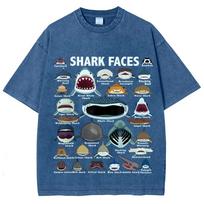 Vintage-style Men's and women's T-shirts with various shark prints high-quality washed and distressed casual short sleeves S