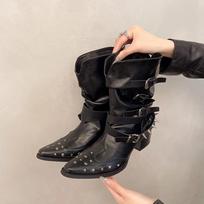 Fashion Vintage Rivet Hottie Woman Knight Boots Shoes Autumn Ladies Elegant Pointed Toe Thick Heel Western Cowboy 41 juoda
