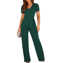 Summer Women Jumpsuit Straight Wide Leg Hidded Zipper Short Sleeves V Neck Solid black