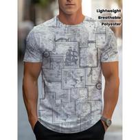 Men's Polyester 3D T-Shirt with Map Print, Ideal for Outdoor Adventures, Lightweight and Durable, Gray Color S
