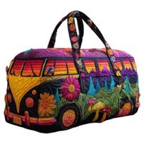 Quilted Embroidery Travel Duffel Bag Large Capacity Short Trip Handbag with Artistic Vehicle and Nature Pattern for Women Men One Size