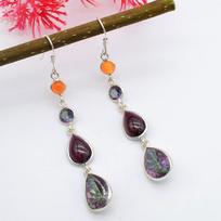 Round & Pear Cab Cut Natural Carnelian,Mystic,Red Garnet Gemstone Earring-925 Sterling Silver Handmade Drop & Dangle Silver Earring For Women raudona/oranžinė