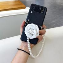 Moteriškas Mergaitiškas Prabangus Odinis Kamelijos Stovo Telefono Dėklas Samsung Galaxy Z Flip 4 3 Dangtelis Su Nešiojama Elegantiška Perline Apyranke For Samsung Z Flip 4