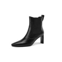 Krazing Pot Cow Leather Winter Square Toe High Heels Modern Boots Women Slip on Retro Elegant Women Ankle Boots 34 juoda