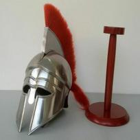 Korinto viduramžių šarvai „Spartan“ šalmas, vyriškas „Spartan Warrior“ galvos apdangalas, kostiumo priedai Šalmo kopija su mediniu stovu gray