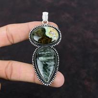 Australijos chromo chalcedono pakabukas Seraphinite pakabukas Vintage papuošalas 925 svarų sterlingų sidabro pakabukas Tikras brangakmenis Rankų darbo pakabukas dovanai gray