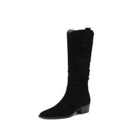 Krazing Pot Cow Suede Winter Round Toe Thick Med Heels Modern Boots Women Zipper Pleated Decoration Thigh High Boots 34 juoda
