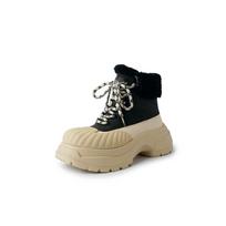 Krazing Pot Cow Leather Wool Blend Winter Round Toe Platform Snow Boots Lace Up Design Women Keep Warm Ankle Boots 35 juoda