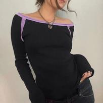 Spring Slash Neck Long Sleeve Women Knit T-shirt Fashion Autumn Solid Slim Tees Top Casual Elegant Pullover T Shirt Female 30548 S juoda