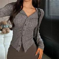 Fashion Girl Vintage Knitted Pullover Sweater Women Korean Slim Y2K Patchwork Casual Knitwear Jumper Female Long Sleeve Chic Warm Sweet Tops 2024 New S tamsiai pilka spalva