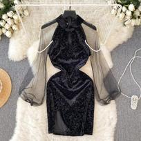 Perlų elegantiška elegantiška vientisa suknelė moteriška, 2024 m. spalvinga moteriška suknelė su pūstomis rankovėmis Bodycon Mini Moteriška Korėjietiška suknelė S juoda
