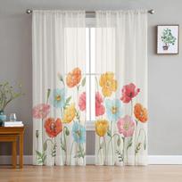 Watercolor Poppy Flower Tulle Curtains For Living Room Sheer Curtain For Bedroom Window Blinds Voile Curtains 135W x 114H(cm) white