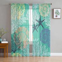 Aqua Green Marine Coral Starfish Bedroom Transparent Sheer Curtains Holiday Decoration Window Voile Tulle Curtain 135W x 114H(cm)