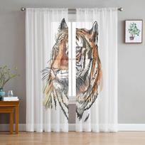 Tiger Watercolor Tulle Curtain Home Office Window Decor Bedroom Kitchen Balcony Modern Sheer Curtain 135W x 114H(cm) white