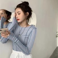 WTEMPO Long Sleeve O-neck T-Shirts Women Slim Rhodo Blue Chic Streetwear Female Cool Korean Spring Casual Tops One Size mėlyna