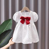 Mergaičių suknelė trumpomis rankovėmis vasarinė plona balta vaikiška princesės suknelė vasarinė suknelė mielas raudonas kaspinas A formos sijonas 110