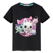 Gabbys Dollhouse Print 100 % medvilnės marškinėliai 2024 berniukams Mieli trumpomis rankovėmis anime marškinėliai Kawaii Tops y2k vienetiniai vaikiški drabužiai mergaitė 100 juoda