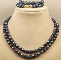 2 row 8-9mm Genuine black fresh water oval pearl necklace bracelets 18-19 /7.5
