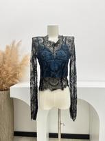 2024 Blusas Mujer De Moda Seksualios nėriniuotos palaidinės moterims V kaklo marškiniai ilgomis rankovėmis Crop Tops Temperamento korėjietiška prašmatni vintažinė palaidinė S mėlyna