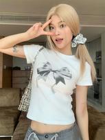 American Y2k Bow Print All-Match T-shirt Women Summer Elegant Short Sleeve Slim Pullover Korean Fashion Design Casual Tops Club S balta