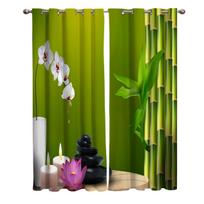 Chinese  Bamboo Zen Green Candle Pebbles Flowers Window Curtains Scenic Curtains for Living Room Decorative Items Living Room 135W x 60H(cm)