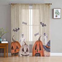 Halloween Pumpkin Ghost Bat Vintage Sheer Curtains for Bedroom Living Room Voile Window Curtains Tulle Curtains for Kids Room 135W x 114H(cm) gray