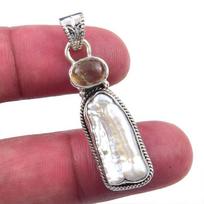 Natural Biwa Pearl, Citrine 925 Solid Sterling Silver Jewelry Pendant 1.75  H7A98 brown