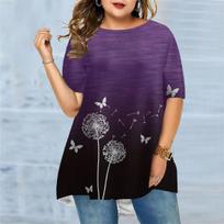 Plus Size Women's Summer Blue Dandelion Print Comfortable Short Sleeved Round Neck T-shirt Casual Baggy Medium Length T-shirt 8XL balta