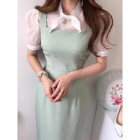 Summer Chic Open Fork Two Piece Sets Women Solid Short Sleeve Top + A Line Midi Dress Female Lace Elegant Skinny Casual Party Club Suit S žalia