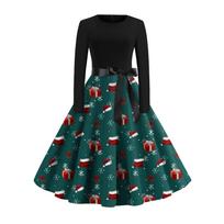 Women Christmas Print Flare Dress Long Sleeve O-Neck Dress Party Casual Dresses S