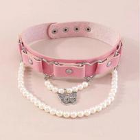 New Fashion, Dopamine Rivet Collarbone Chain, Butterfly Pearl Pendant, Pink PU Leather Women's Neck Necklace. rožinė