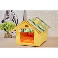 House Shape Removable Dog Houses Striped Folding Warm and Cozy Pet Kennel Portable Dog Cat House Foldable Pet Supplies 3 Size 35x30 cm beige