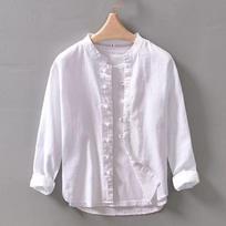 Tide Disk Buckle Ramie Long-sleeved Cotton Men Stand-up Collar Youth Casual Loose Linen Shirt Plus Size XXXXXL balta